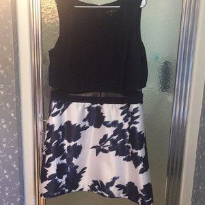 Navy floral semi formal dress with mesh midriff